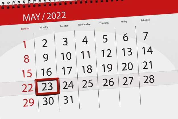 その月のカレンダープランナーは2022年5月の締め切り日23月曜日