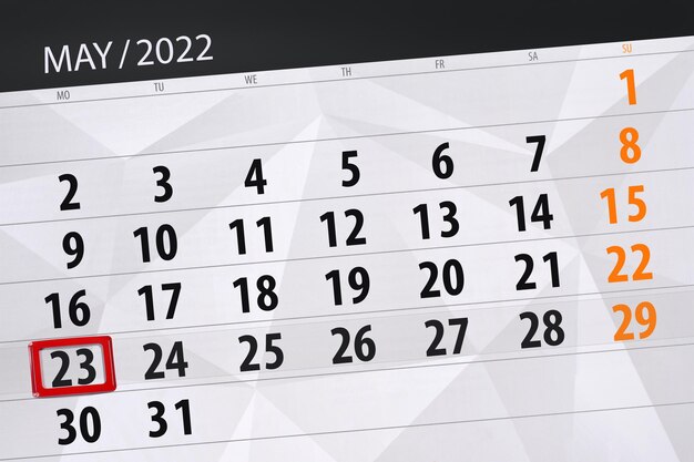 その月のカレンダープランナーは2022年5月の締め切り日23月曜日