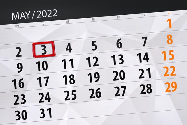 その月のカレンダープランナーは2022年5月の締め切り日3火曜日