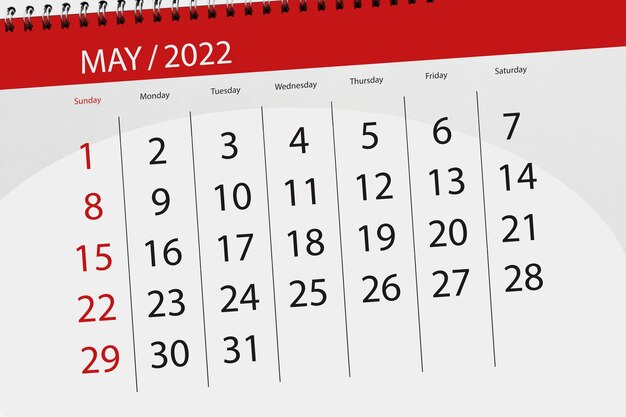 Calendar planner for the month may 2022 deadline day