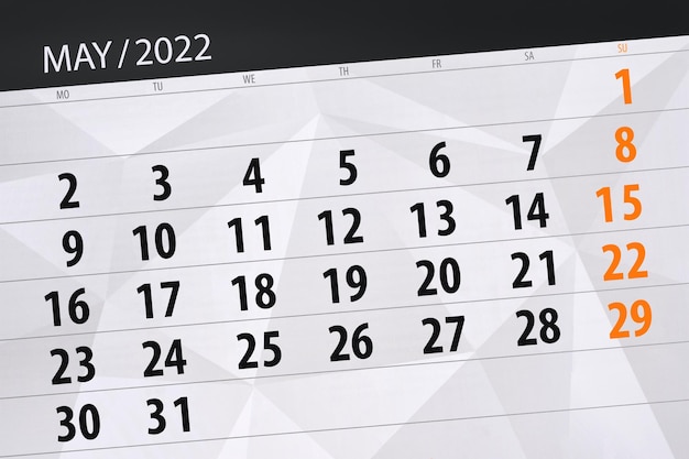 Calendar planner for the month may 2022 deadline day