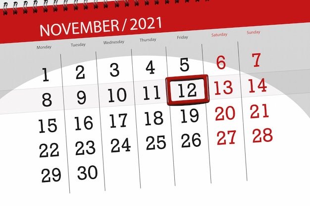 Calendar planner for the month november 2021, deadline day, 12, friday.