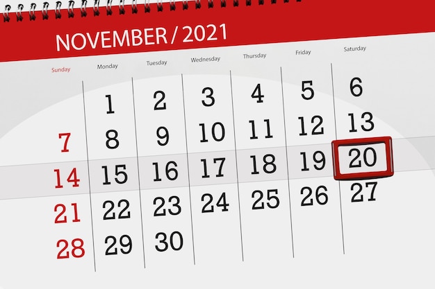 Calendar planner for the month november 2021, deadline day, 20, saturday.