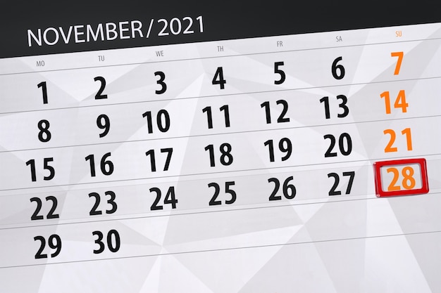 2021年11月の月のカレンダープランナー、締め切り日、28日、日曜日。