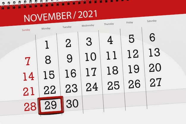 2021年11月の月のカレンダープランナー、締め切り日、29、月曜日。