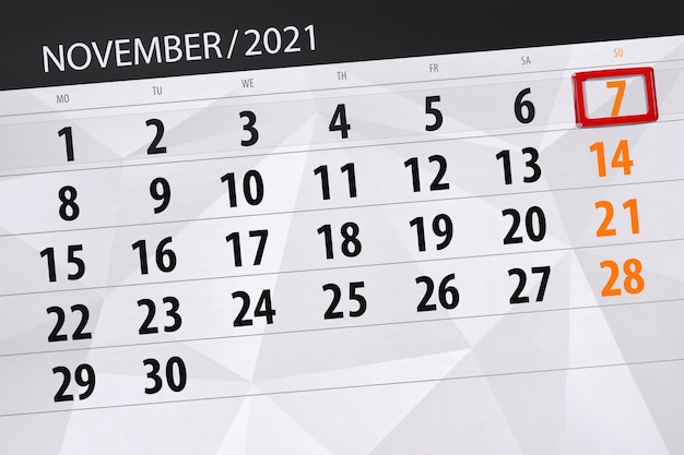 Calendar planner for the month november 2021, deadline day, 7, sunday.