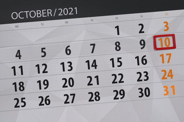 Calendar planner for the month october 2021, deadline day, 10, sunday.