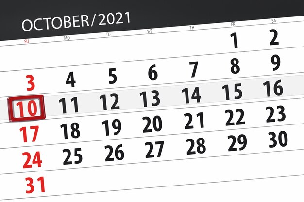 2021년 10월 달의 캘린더 플래너, 마감일, 10, 일요일.