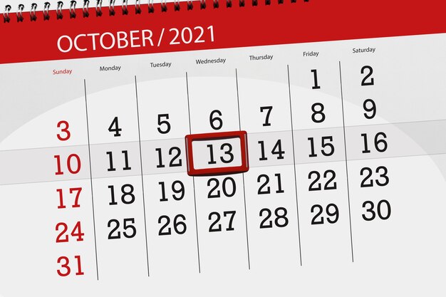 Calendar planner for the month october 2021, deadline day, 13, wednesday.