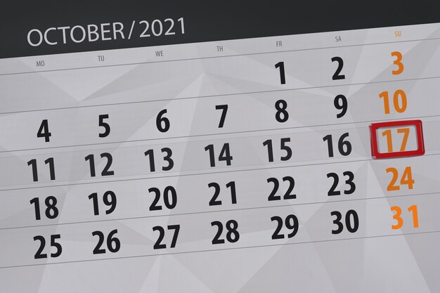 Calendar planner for the month october 2021, deadline day, 17, sunday.