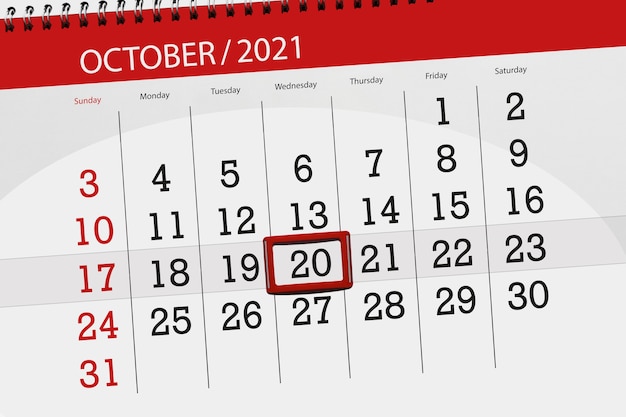 Calendar planner for the month october 2021, deadline day, 20, wednesday.