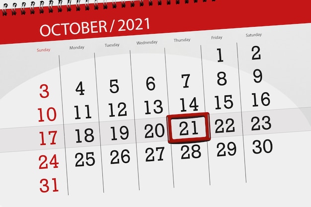 Pianificatore di calendario per il mese di ottobre 2021, giorno di scadenza, 21, giovedì.