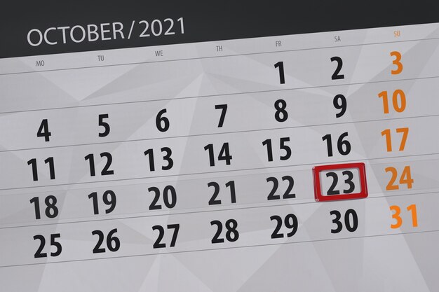 2021年10月の月のカレンダープランナー、締め切り日、22、金曜日。