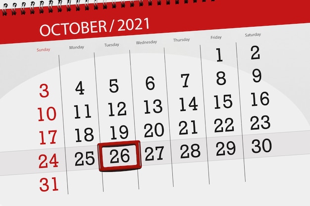 Calendar planner for the month october 2021, deadline day, 26, tuesday.