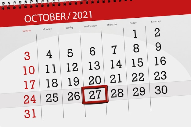 Calendar planner for the month october 2021, deadline day, 27, wednesday.