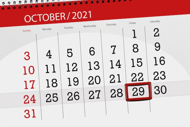 2021年10月の月のカレンダープランナー、締め切り日、29日、金曜日。