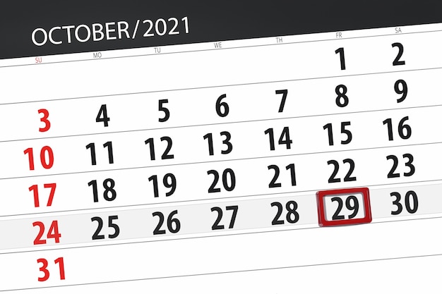 2021年10月の月のカレンダープランナー、締め切り日、29日、金曜日。