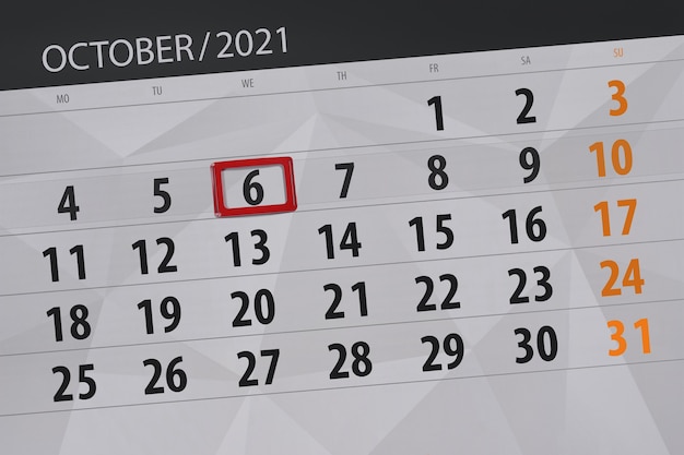 2021년 10월 달의 캘린더 플래너, 마감일, 6, 수요일.