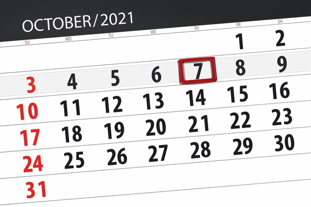 2021年10月の月のカレンダープランナー、締め切り日、7、木曜日。