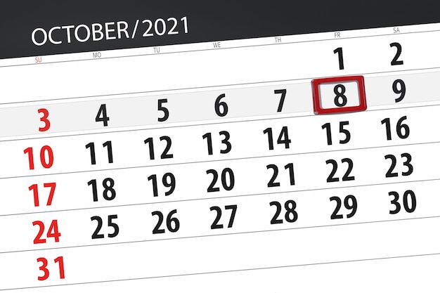 2021年10月の月のカレンダープランナー、締め切り日、8、金曜日。