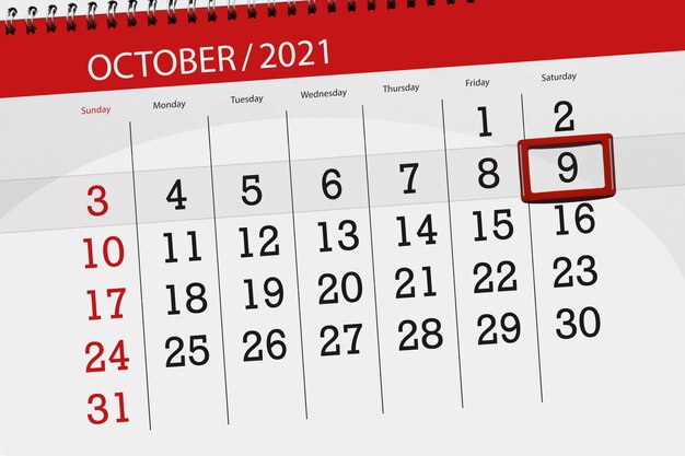 Pianificatore di calendario per il mese di ottobre 2021, giorno di scadenza, 9, sabato.