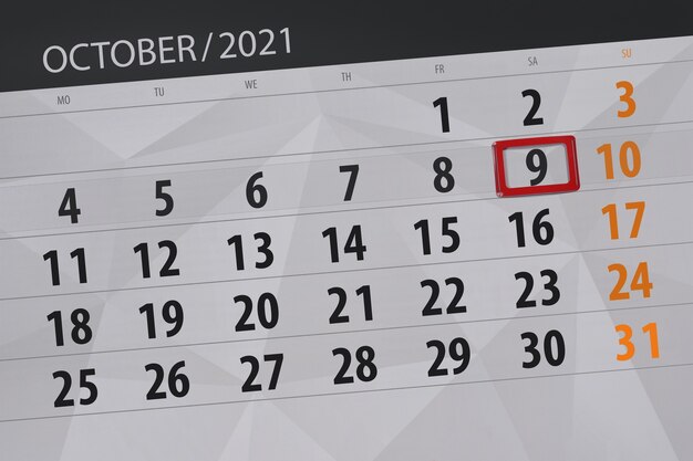 2021年10月の月のカレンダープランナー、締め切り日、9、土曜日。