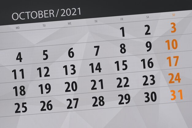 Календарь-планировщик на месяц октябрь 2021, крайний день.