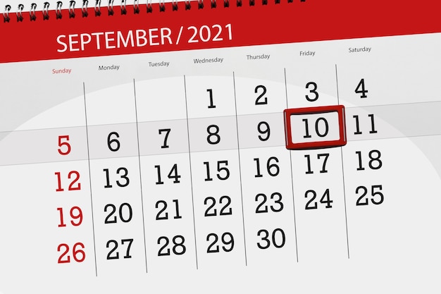 Calendar planner for the month september 2021, deadline day, 10, friday.