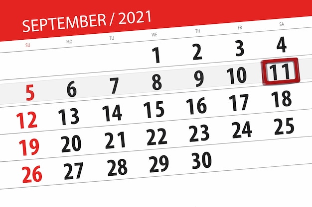 2021年9月の月のカレンダープランナー、締め切り日、11、土曜日。