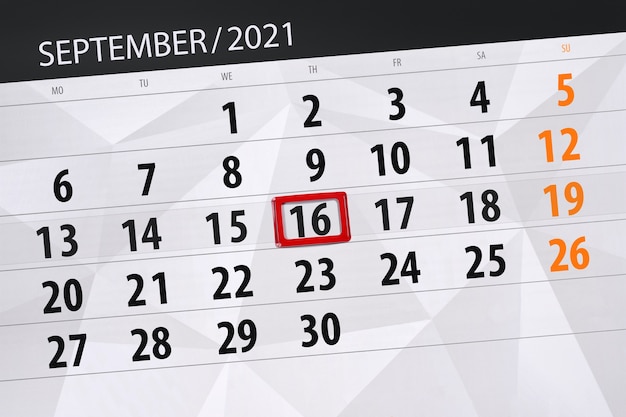 Calendar planner for the month september 2021, deadline day, 16, thursday.