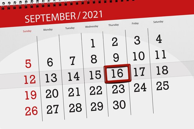 Calendar planner for the month september 2021, deadline day, 16, thursday.