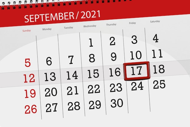 2021年9月の月のカレンダープランナー、締め切り日、17、金曜日。