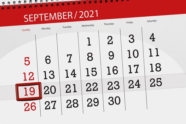 Calendar planner for the month september 2021, deadline day, 19, sunday.