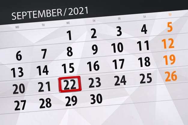 Calendar planner for the month september 2021, deadline day, 22, wednesday.