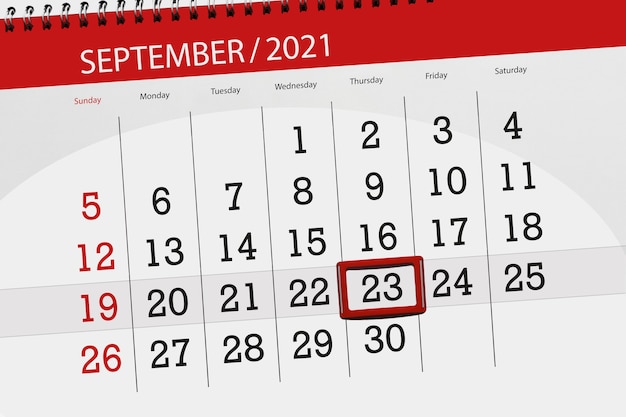 Calendar planner for the month september 2021, deadline day, 23, thursday.