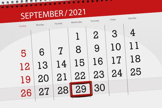 Calendar planner for the month september 2021, deadline day, 29, wednesday.