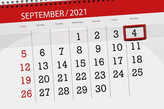 2021年9月の月のカレンダープランナー、締め切り日、4、土曜日。