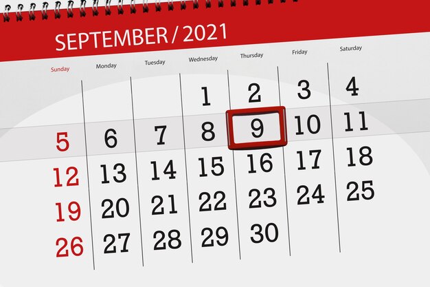 Calendar planner for the month september 2021, deadline day, 9, thursday.