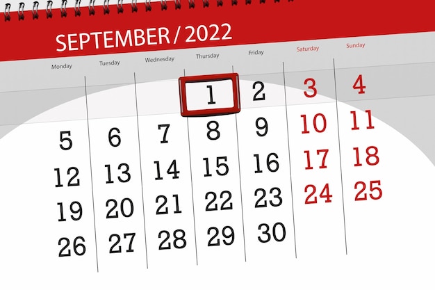 Calendar planner for the month september 2022 deadline day 1 thursday