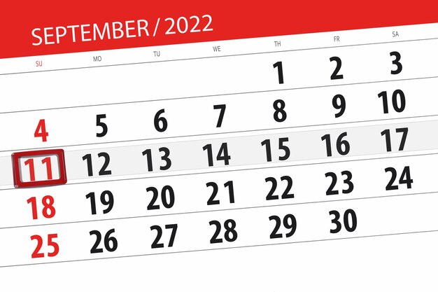 Calendario planner per il mese di settembre 2022 scadenza giorno 11 domenica