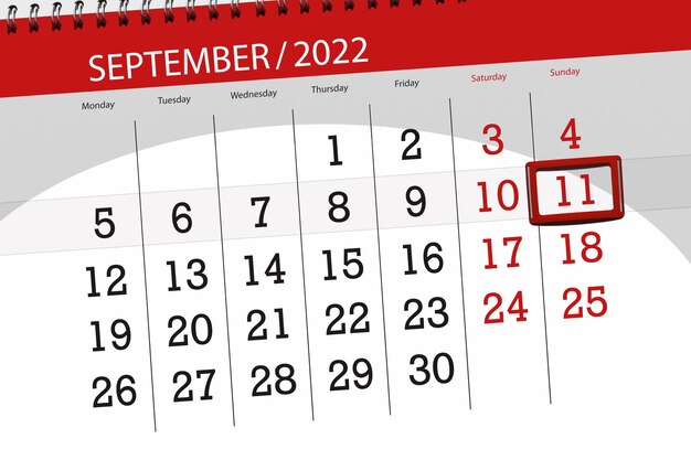 Calendario planner per il mese di settembre 2022 scadenza giorno 11 domenica