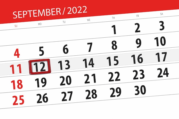 Calendar planner for the month september 2022 deadline day 12 monday