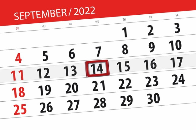 캘린더 플래너 2022년 9월 마감일 14 수요일