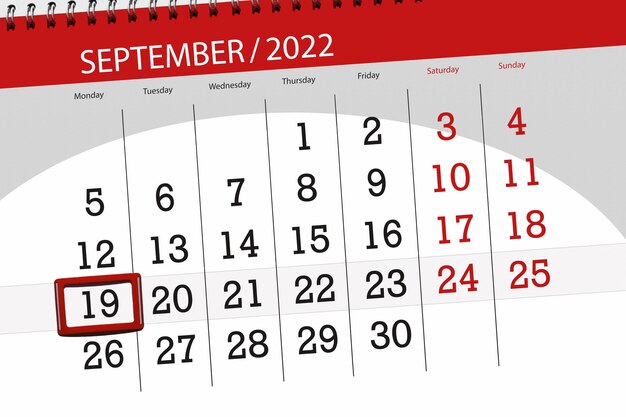 Calendar planner for the month september 2022 deadline day 19 monday