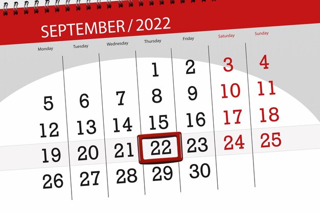 Calendar planner for the month september 2022 deadline day 22 thursday