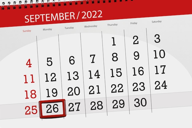 2022 年 9 月のカレンダー プランナー 締め切り日 26 月曜日