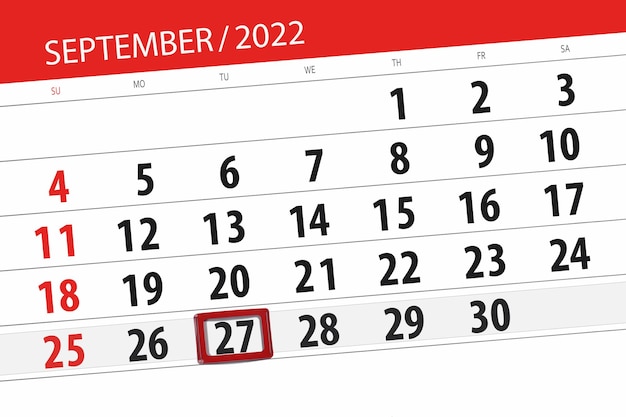 2022 年 9 月のカレンダー プランナー 締め切り日 27 火曜日