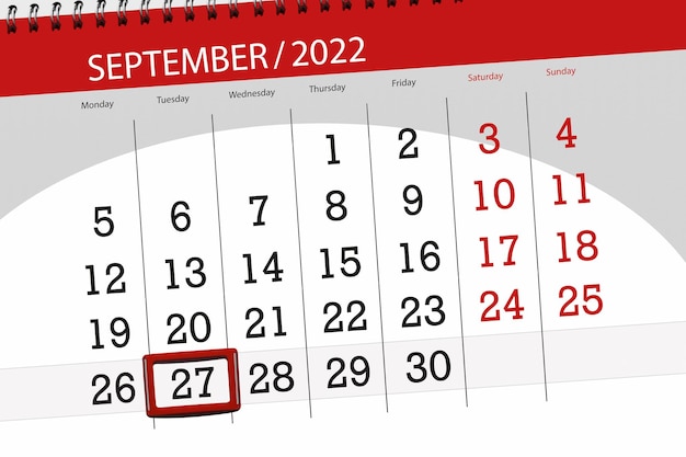 Calendar planner for the month september 2022 deadline day 27 tuesday