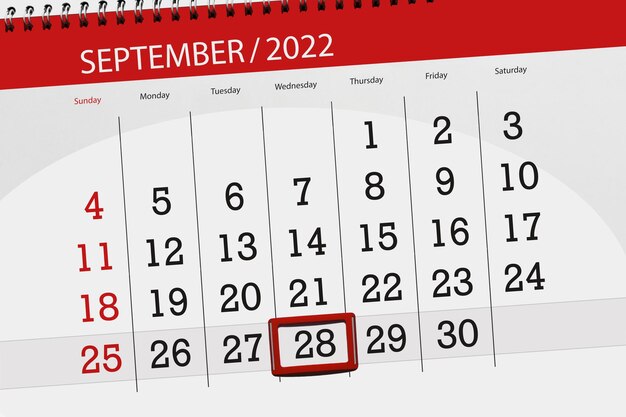 Calendar planner for the month september 2022 deadline day 28 wednesday