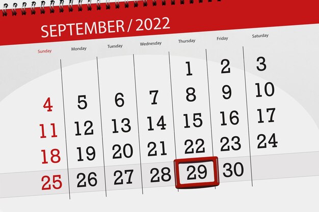 Calendar planner for the month september 2022 deadline day 29 thursday